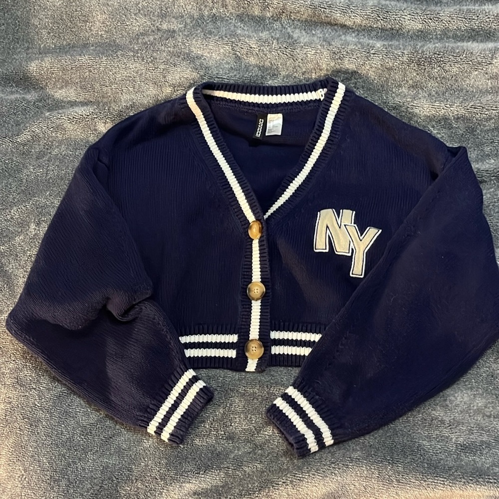 Cropped oversized varsity sweater cardigan navy blue